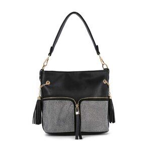Black Stylish Rhinestone Bling Zip Hobo Handbag